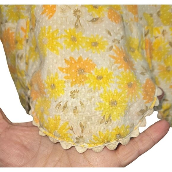 Vintage Handmade Kitchen Apron Yellow Floral Pockets Ric Rac Polka Dot Tie Waist - Picture 7 of 10